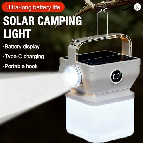 Solar Camping Lantern - Dual Charging (USB-C & Solar), Battery Display, 3