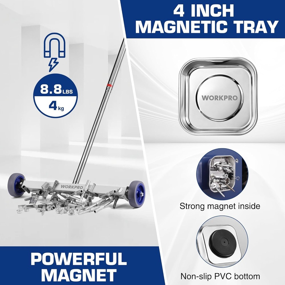 WORKPRO 17" Magnetic Sweeper Telescoping Wheel Rolling Sweeper Adjustable Handle