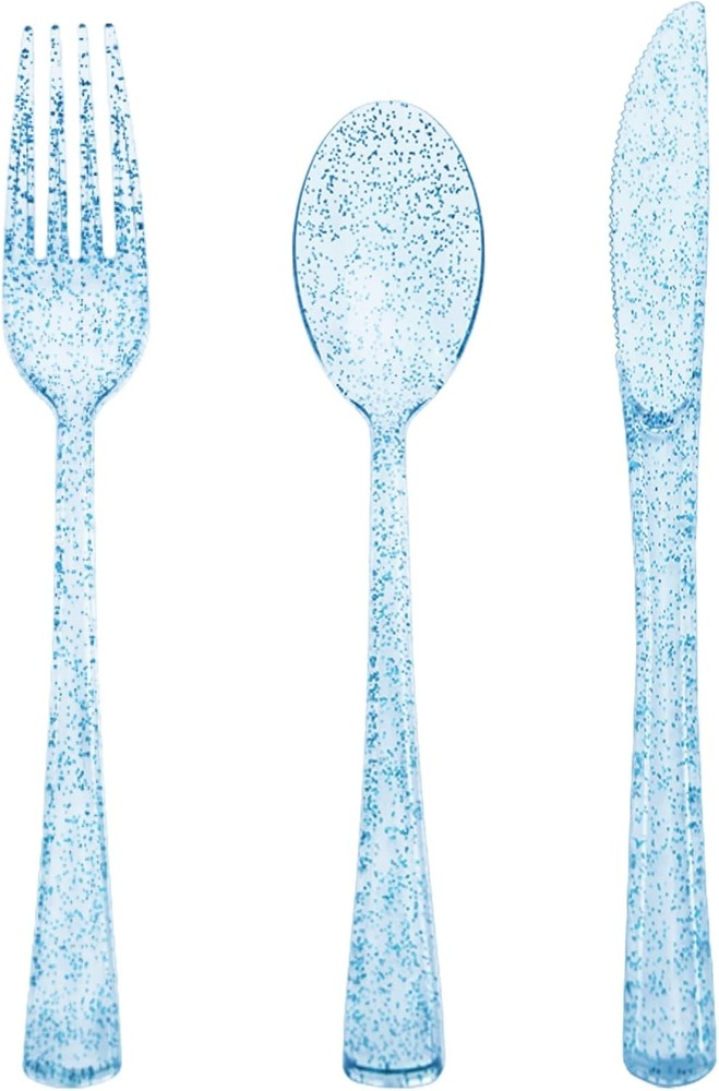 150 Pack Blue Plastic Silverware, Glitter Silverware 150,