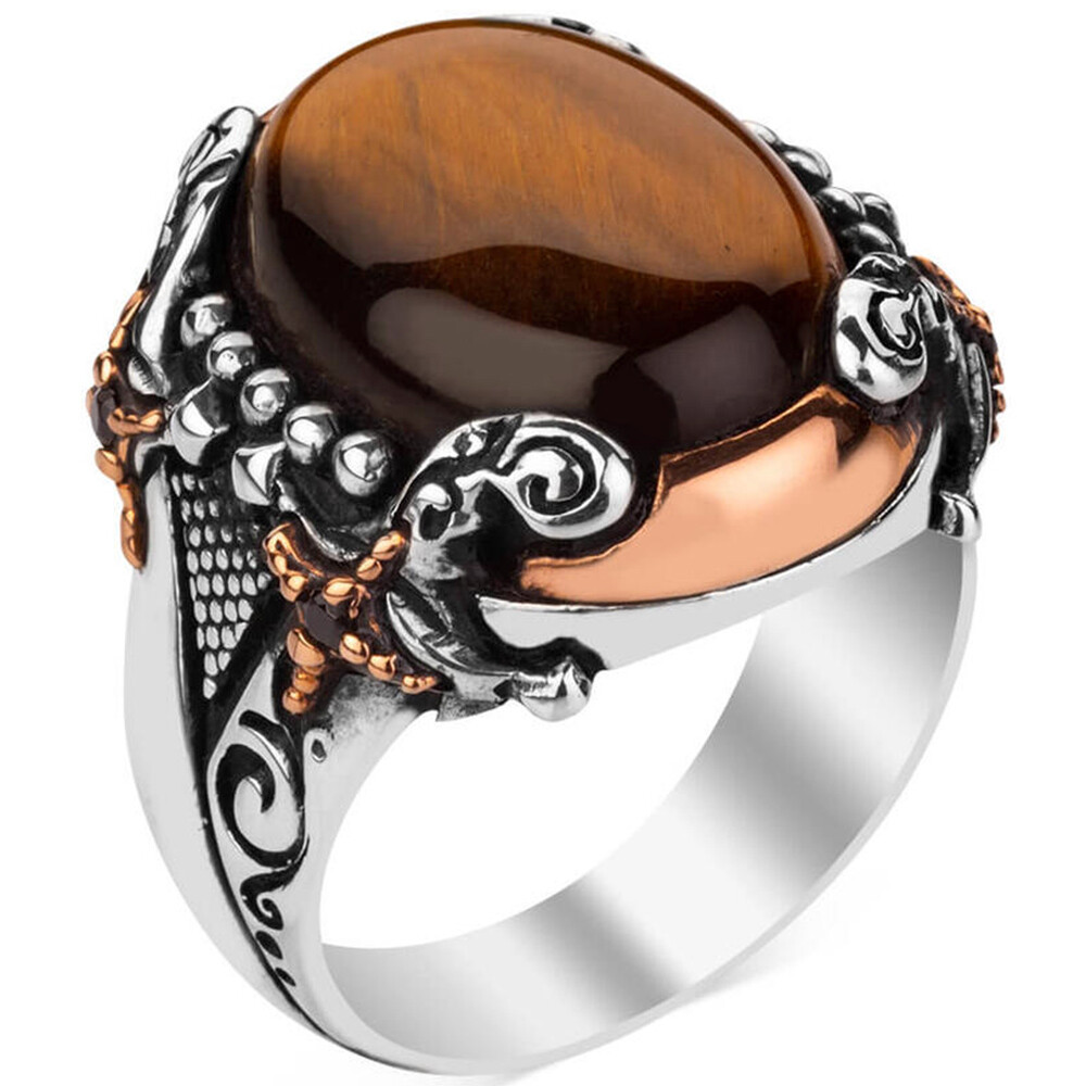 Solid 925 Sterling Silver Tiger's Eye Stone Sword Men's Ring