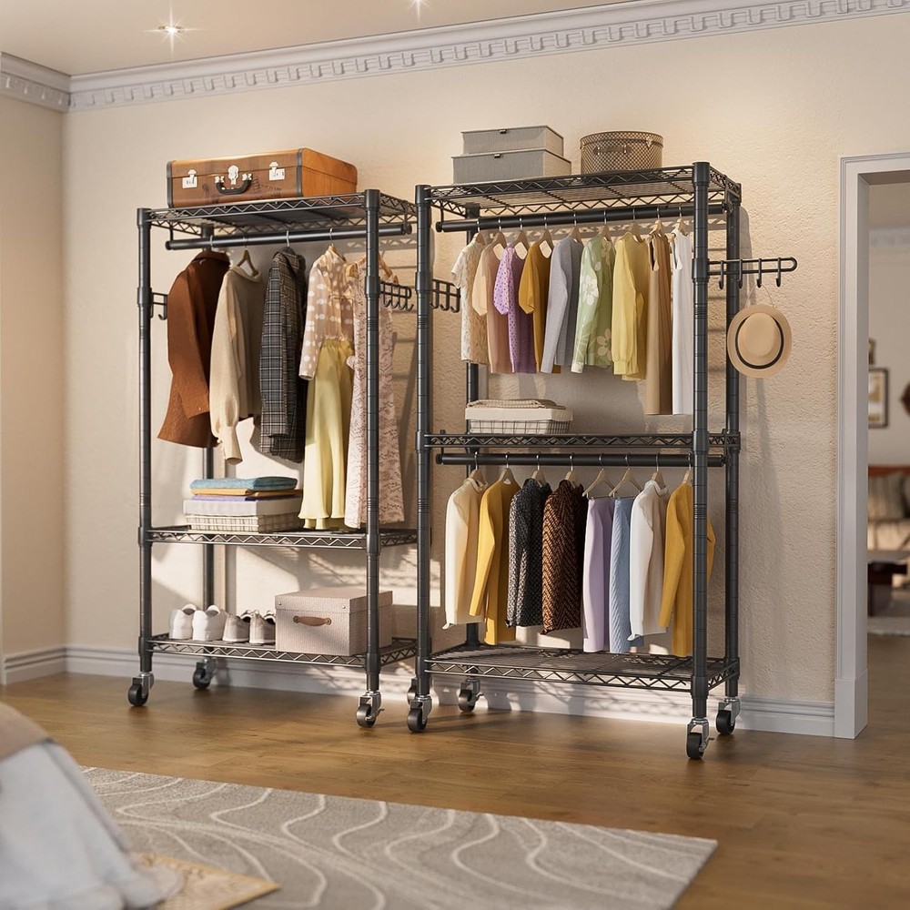 NEW Rolling Clothes Rack 3 Tier Adjustable Wire Shelving Double Rods Hooks