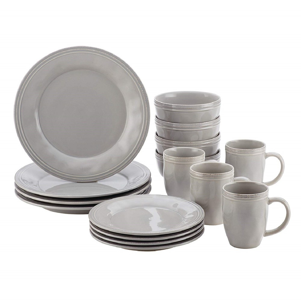 Dinnerware Set Gray Stoneware 16 Piece Round Plate Grey Dinner Service For 4