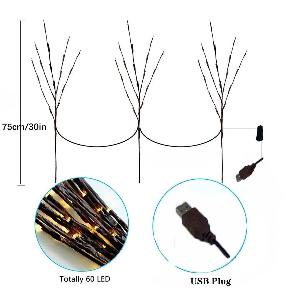 3-Pack 60-LEDs Lighted Artificial Brown Twig Tree Branch USB Plug In Warm