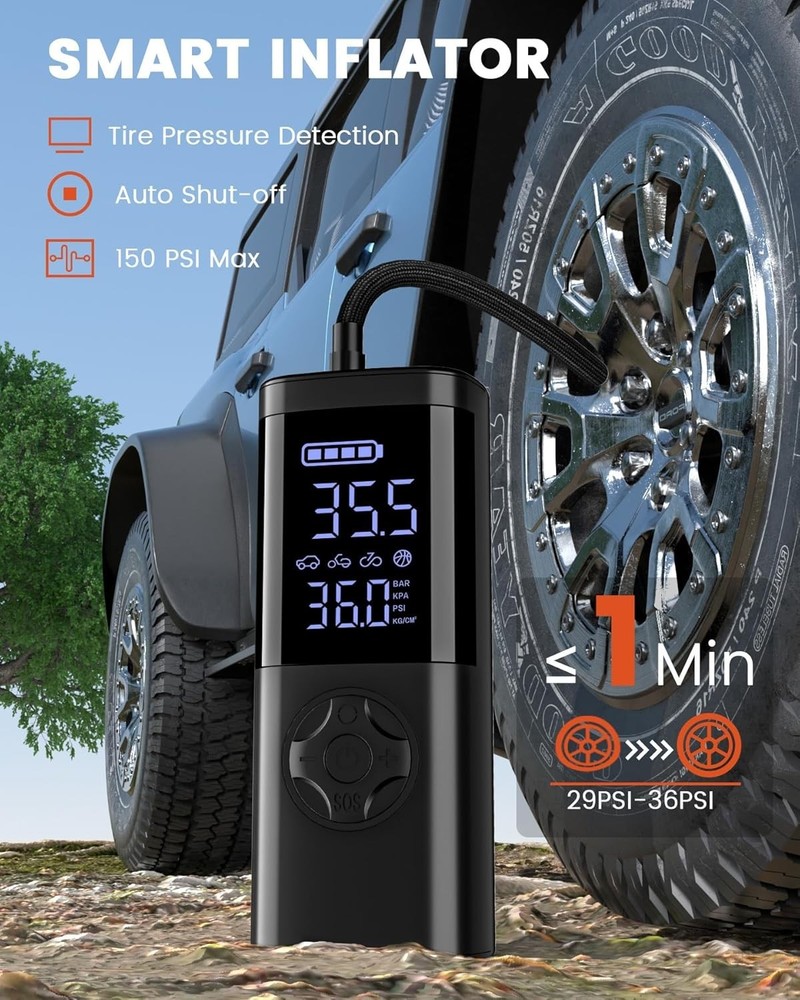 Mini Air Compressor with Emergency LED Light & Cordless Operation for Vehicles