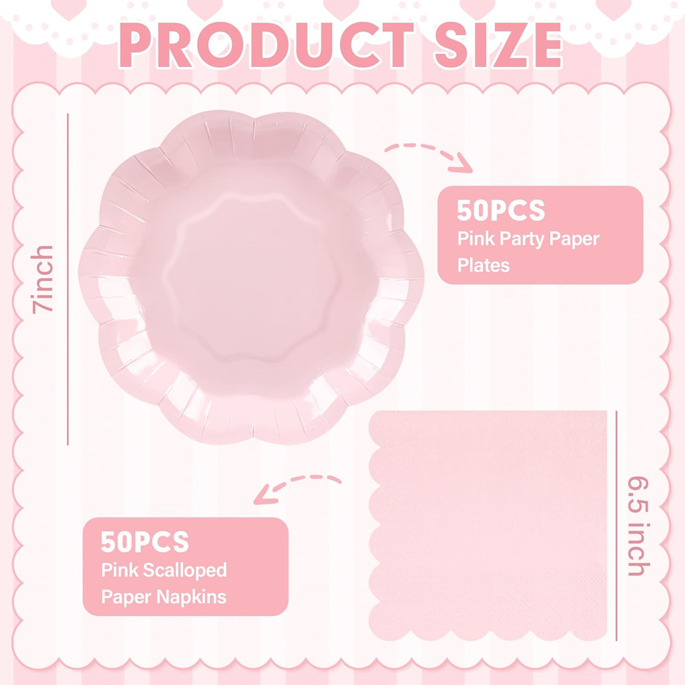 100 PCS Pink Paper Plates and Napkins Set, Tableware Set Include 7 inch Scallope