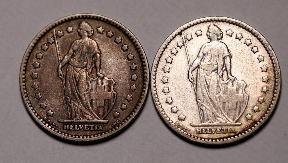 Switzerland 1 Franc 1907 & 1908; 2 Silver Coins KM# 24