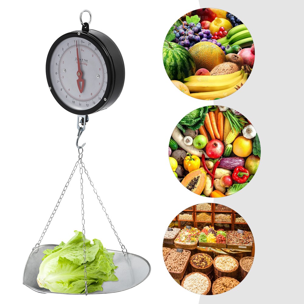 Double-Sided Dial Hanging Scale 22lbs with Galvanized Tray for Easy Weighing