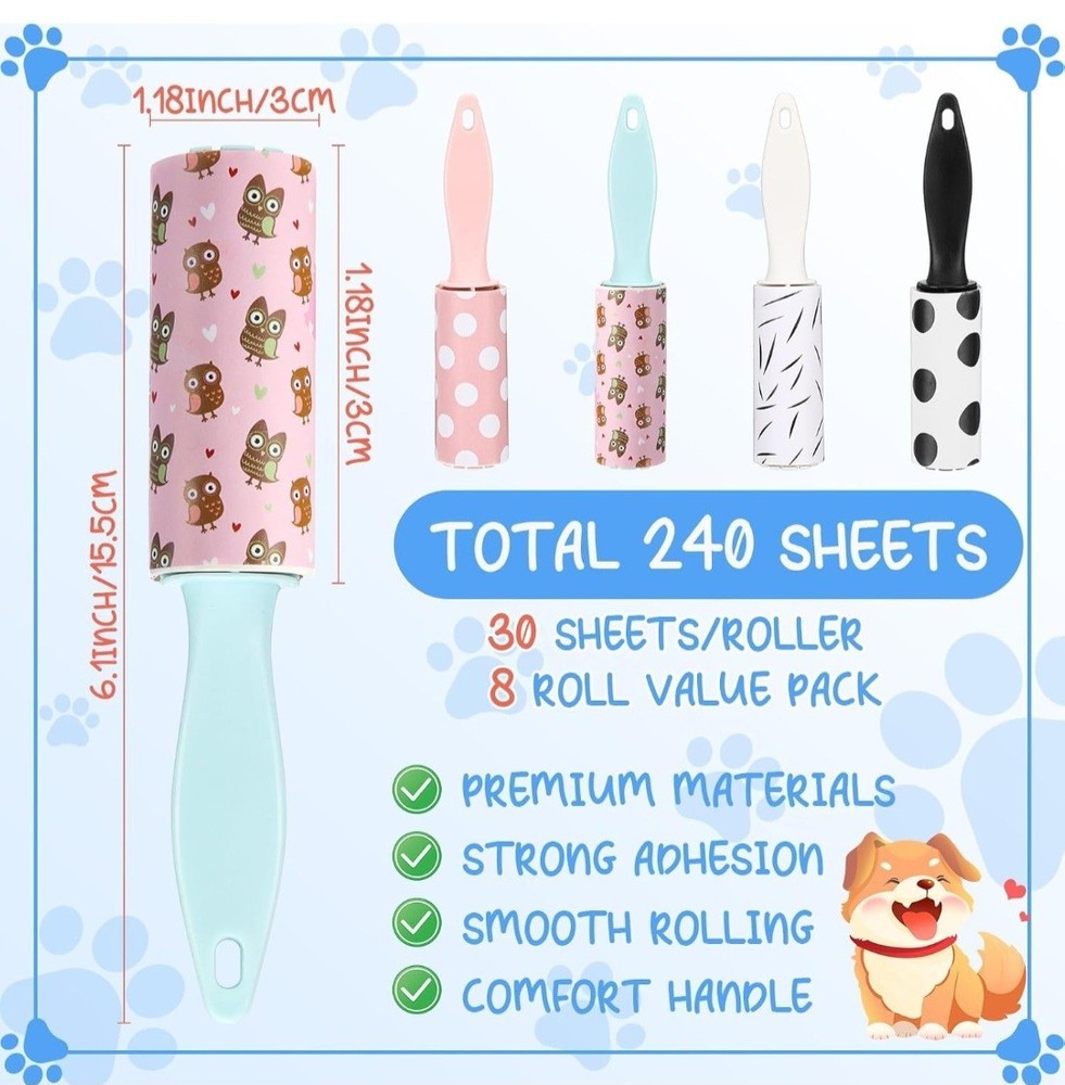 8-Pack Mini Travel Lint Rollers Bulk Value Bundle Cute Patterns