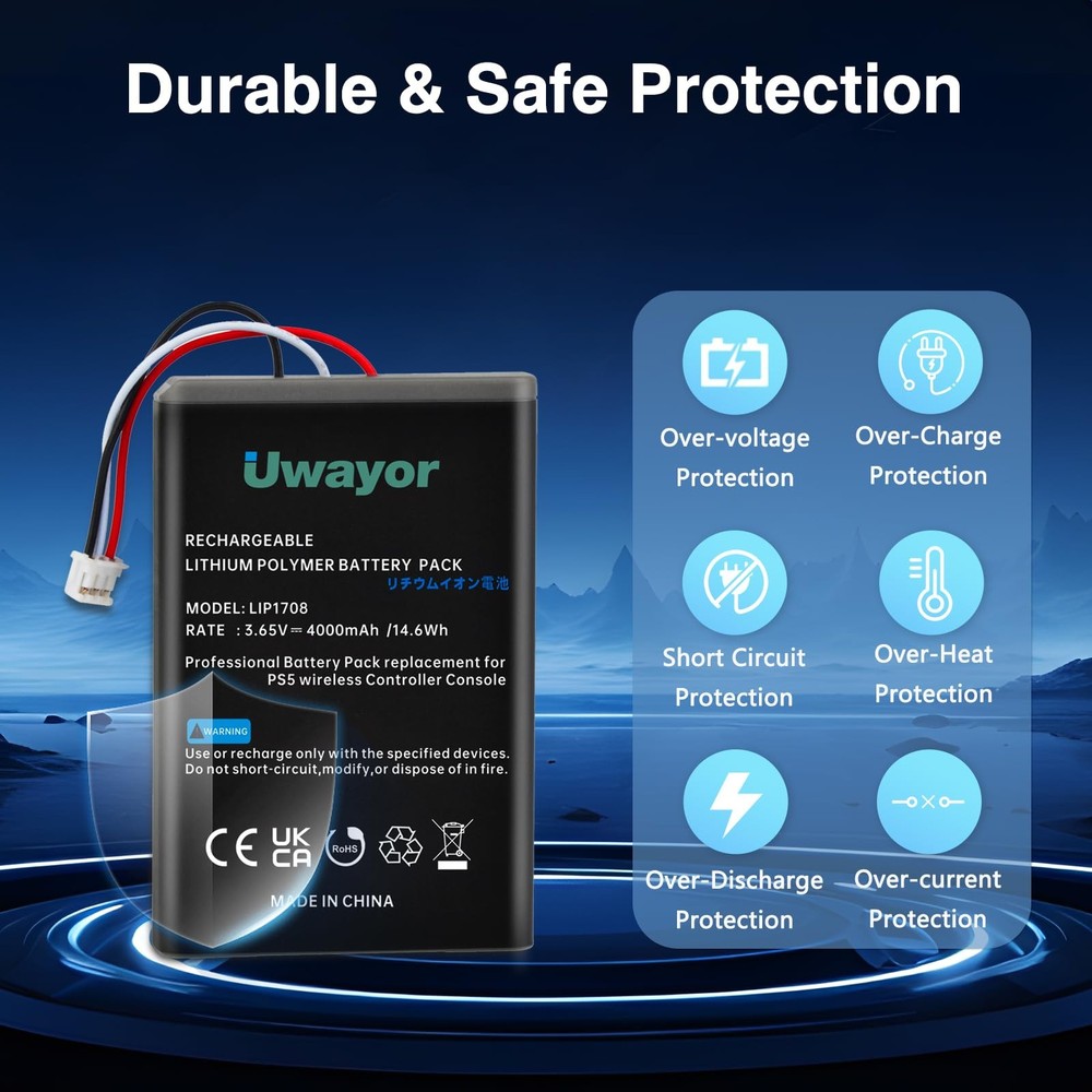 Uwayor PS5 Controller Battery, 4000mAh LIP1708 Battery 2 Pack, Black