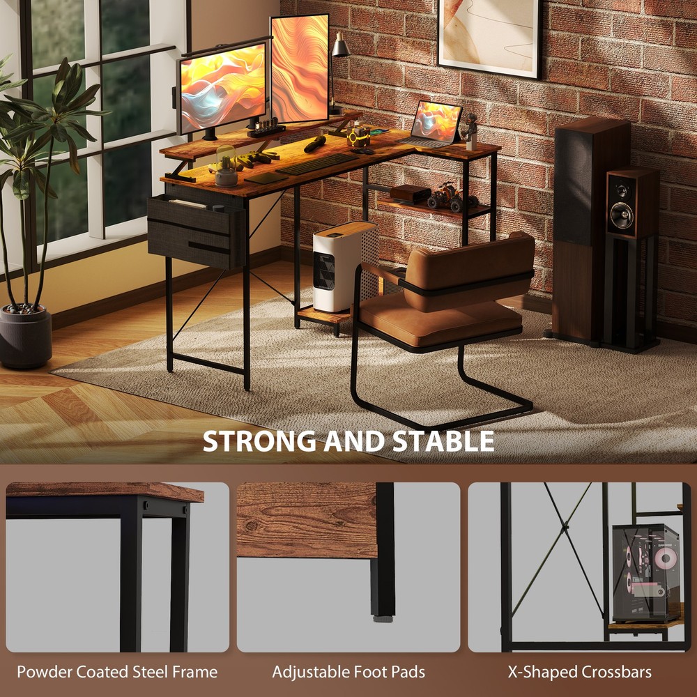 58" Reversible L Shaped Desk, Corner Computer Desk, Rustic Brown