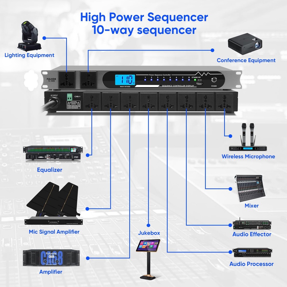 2000W 10 Socket Sequential Rack Professional Audio Power Conditioning ，Digita...