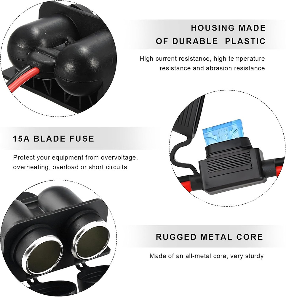 Cigarette Lighter Socket with Blade Fuse, Waterproof Auto Dual Socket Cigarette