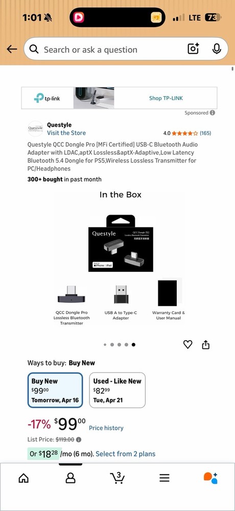 Questyle QCC Dongle Pro Lossless Bluetooth Audio Transmitter for iPhone iPad PS…