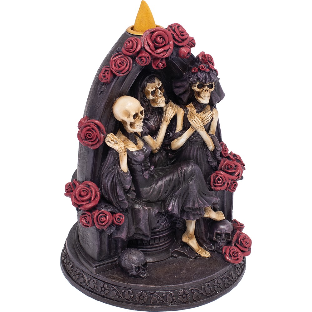 Roses & Skeleton Backflow Burner – 6.4" Gothic Resin Cone Holder Decor