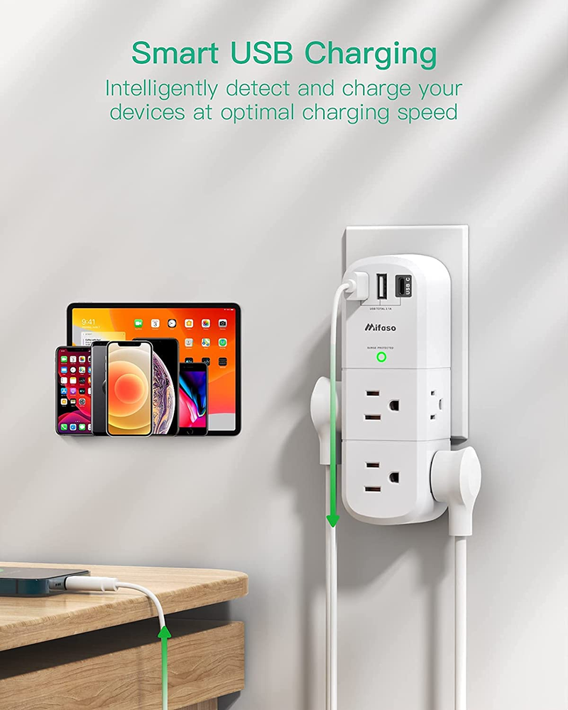 USB Outlet Extender Surge Protector - with Rotating Plug, 6 AC Multi Plug and 3