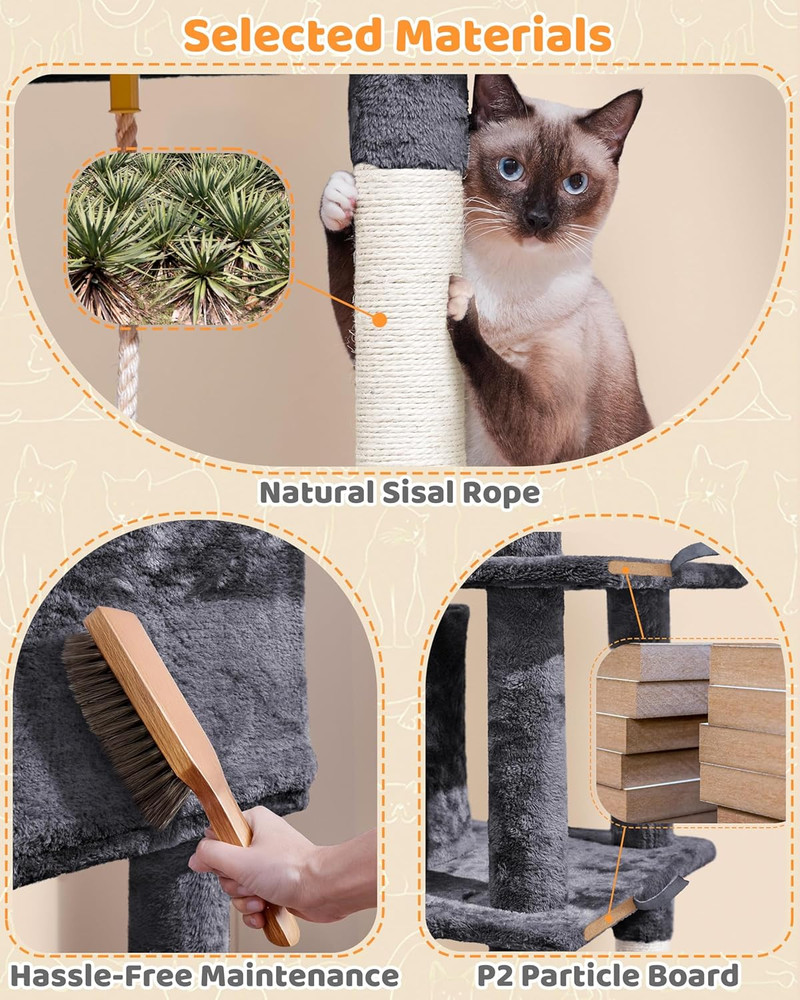 Large Multi-Level Cat Tree, 63 Inches Tall with Sisal-Covered Scratching Posts,
