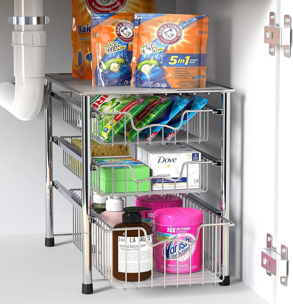 Elegant 3-Tier Chrome Stackable Sliding Basket Organizer for Effortless Storage