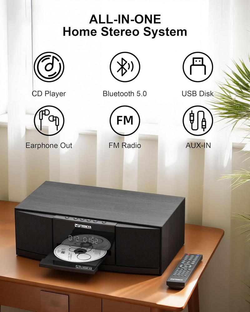 Vintage Bluetooth Stereo System for Home, 36W RMS Micro Hifi Systems CD Player
