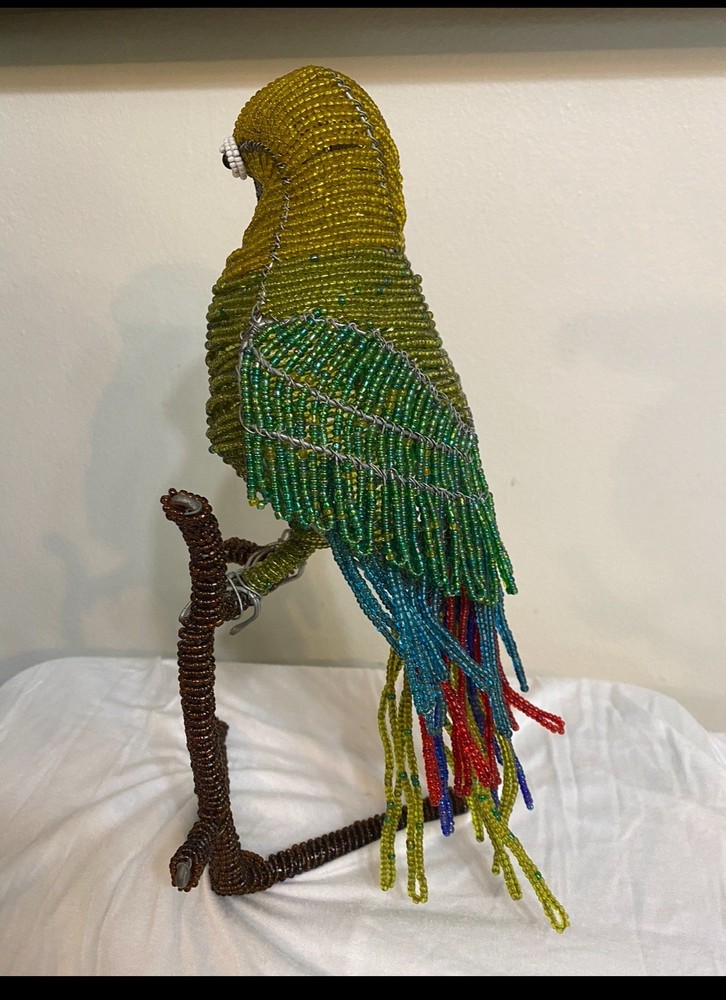 Hand Crafted Beaded Wired Parrot Bird On Perch
