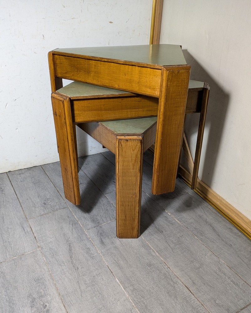 Vintage Set of 3 Mid Century Modern Triangular Wood Stacking Nesting Tables