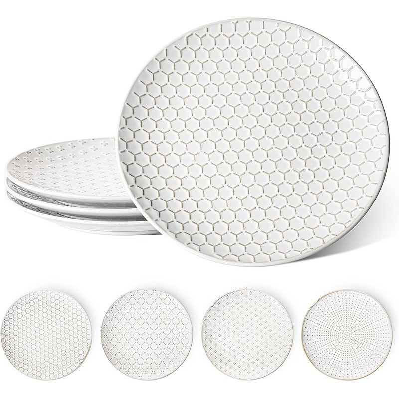 Embossed Ceramic Dinner Plate Set Parties Elegant Tableware Microwave Safe New