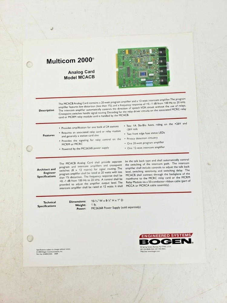 Bogen Multicom 2000 Analog Card MCACB Intercom System Used AS IS #5