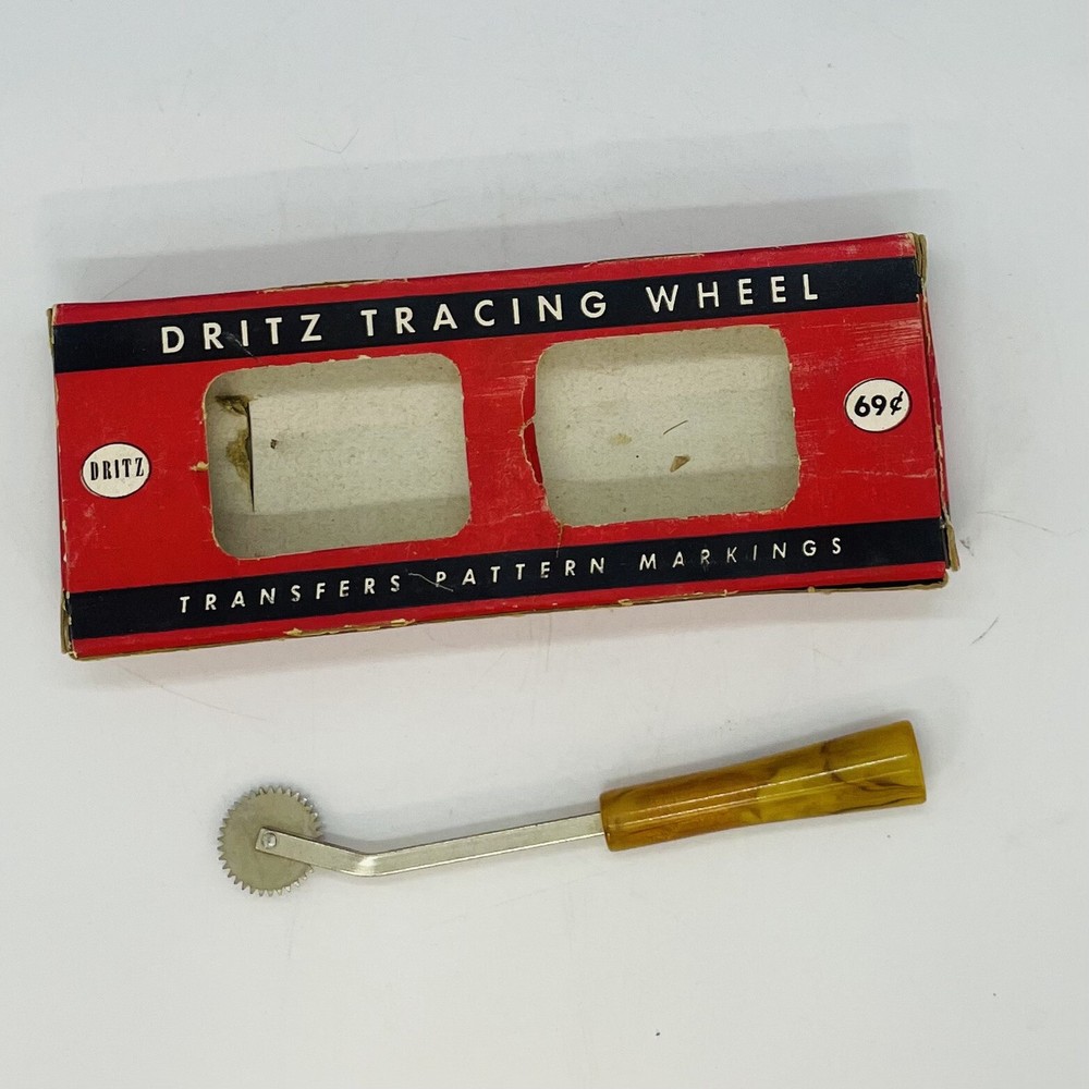 VTG Dritz Pattern Tracing Wheel W/Box Butterscotch Marbleized Bakelite Sewing