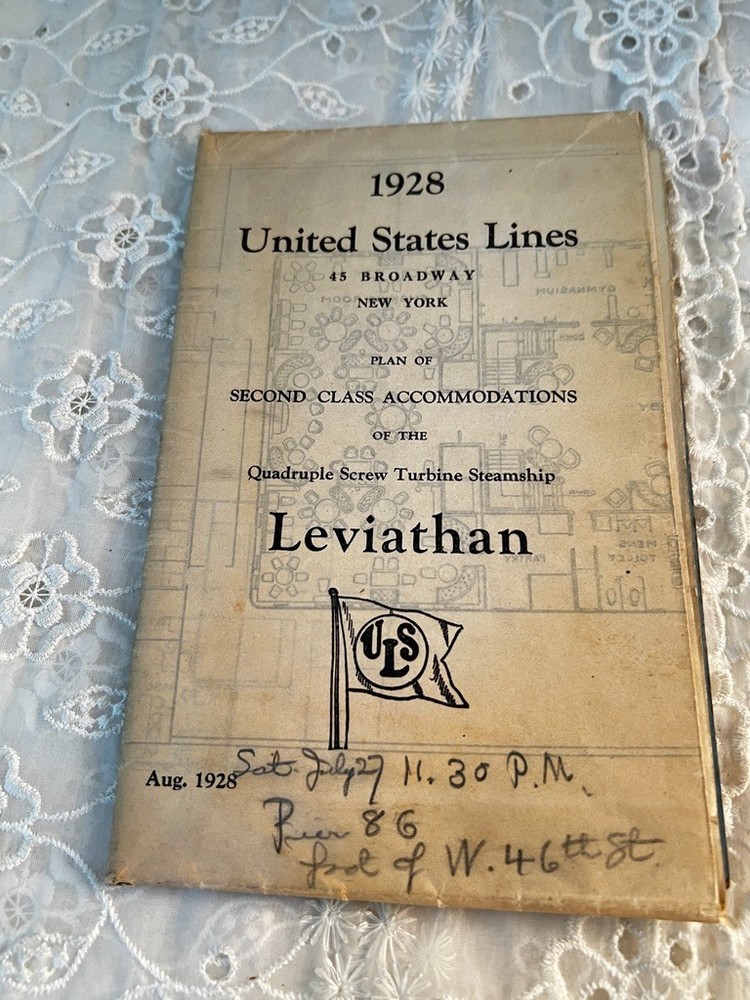 Steamship Leviathan 2nd Class Accommodation Plan August 1928 Plus Baggage Ticket