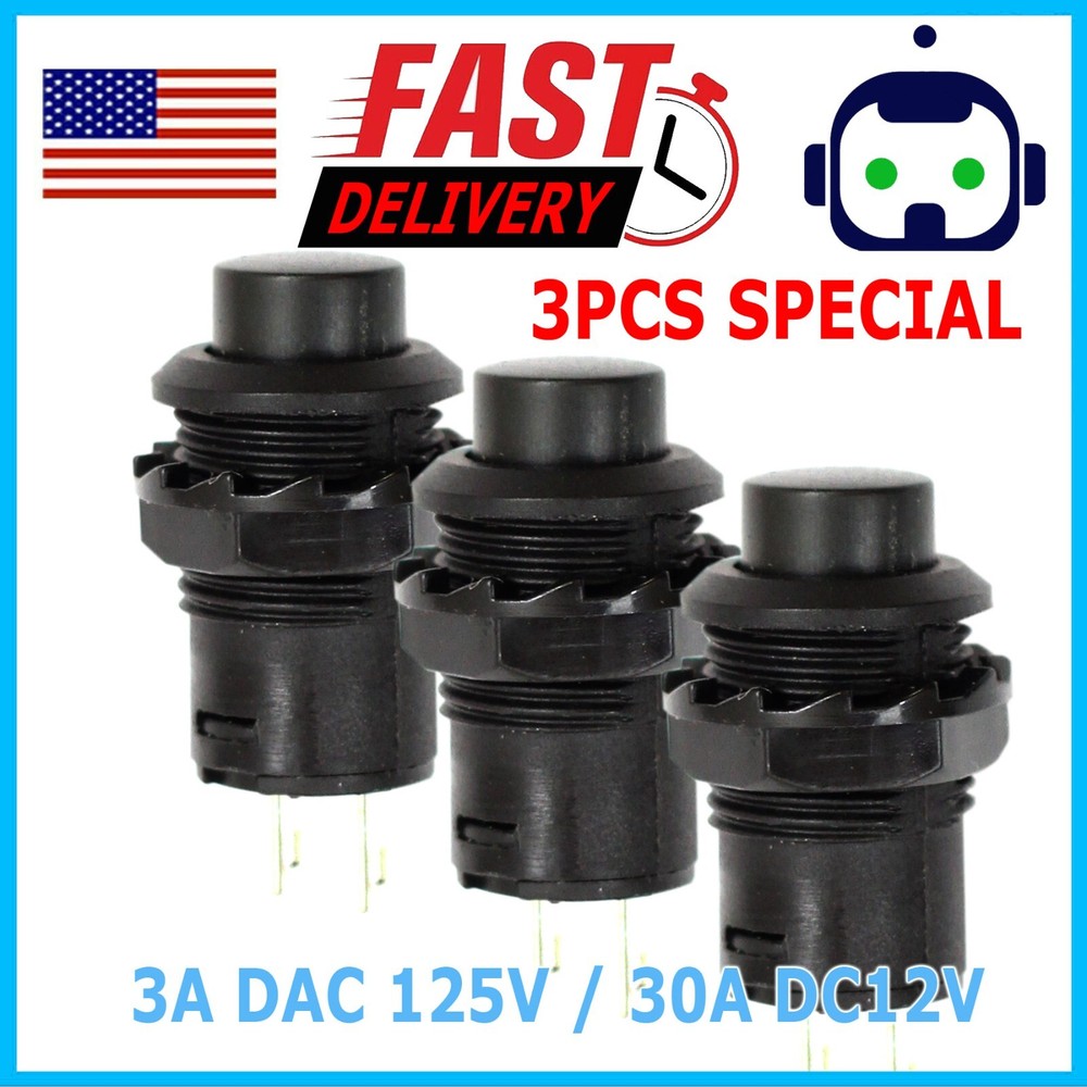 3 Pack SPST Normally Open Momentary Push Button Switch Black    32731B