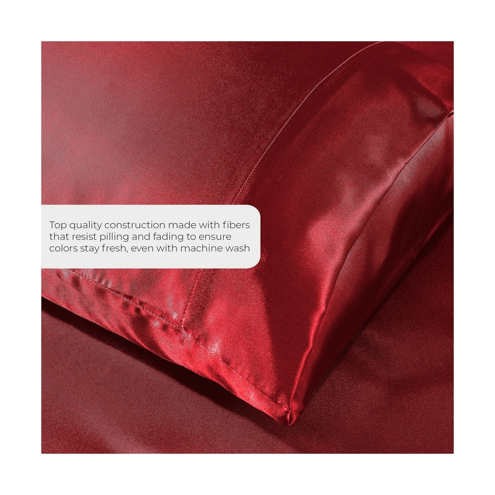 Pure Bedding 4Pc Burgundy Satin Silky Soft Fitted & Flat Sheets Pillowcases Full