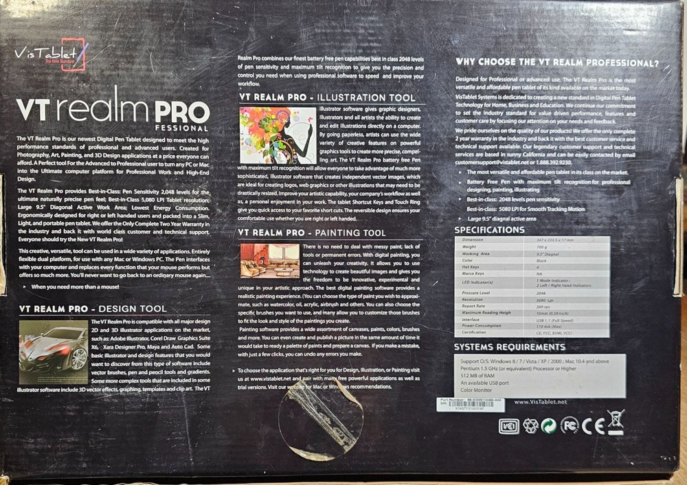 VisTablet VTrealm Pro Drawing Tablet With Pen Software & USB Powers Up in Box