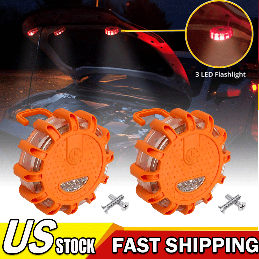 2PCS LED Safety Flare Warning Disc Flashing Roadside Light Strobe Beacon