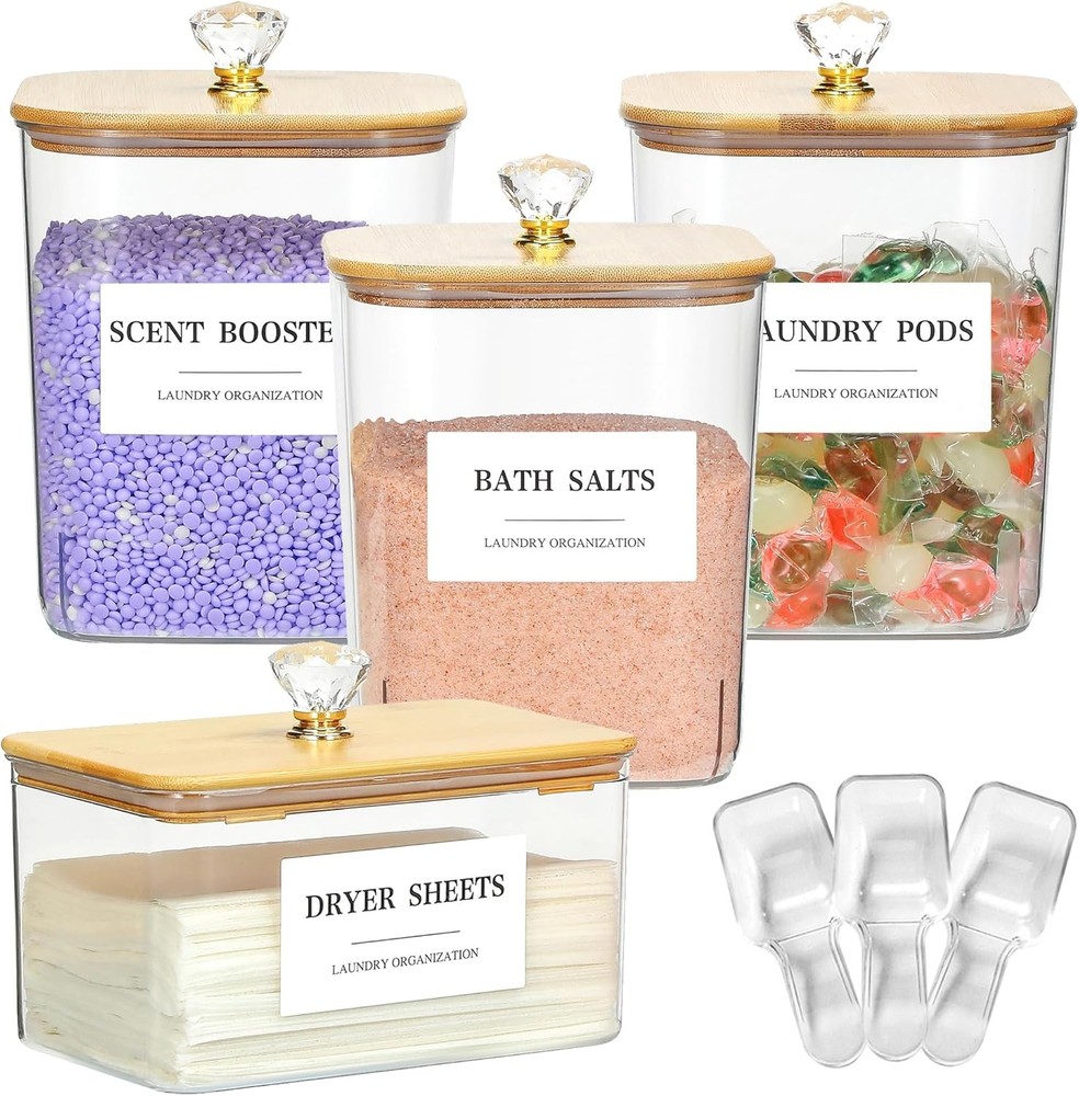 4 Pack Clear Laundry Pods Container & Dryer Sheet Holder Set with Lid, Laundry