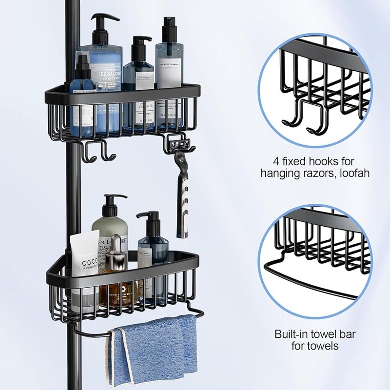 Adjustable Shower Caddy Tension Pole W/ 4 Baskets & Hooks Rust Resistant Storage