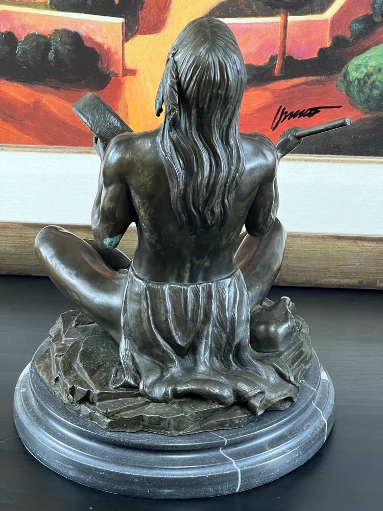Bronze Seated Native American Drummer on Marble