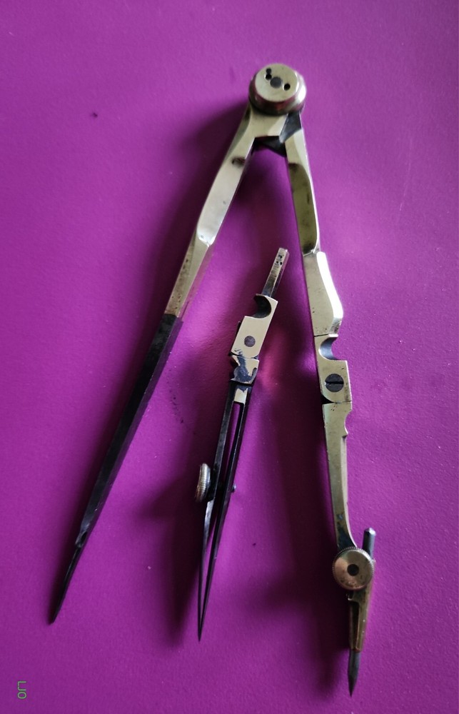 Vintage Drafting Tool Compass 5.5" Brass Colored With 2 Ends, Missing Screw