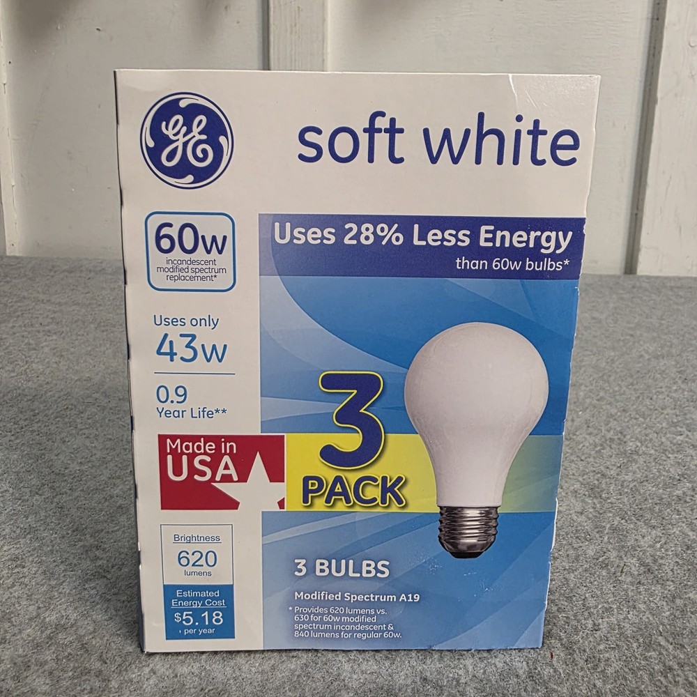 GE Soft White Bulbs 60W Replacement 43W A19 Warm Light 3 Pack NOS Incandescent