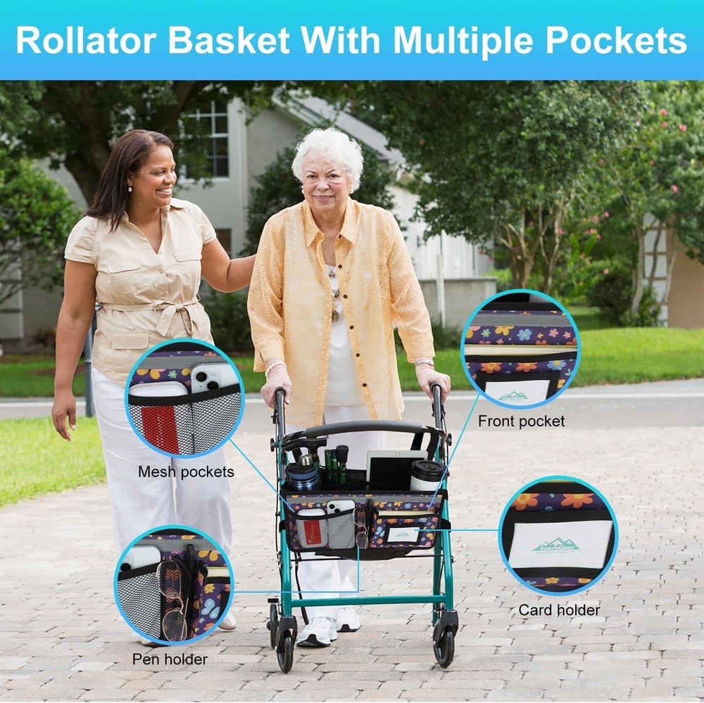 Rollator Basket, Rollator Walker Bag w/Cup Holder, Foldable Rolling Walker Wa...