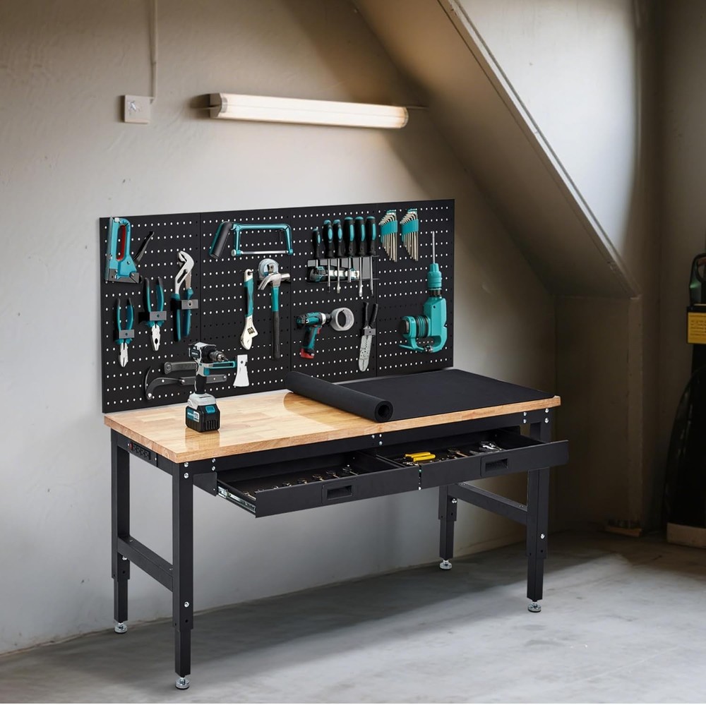 60" Workbench Adjustable Height Work Table w/ Drawers & Pegboard & Power Outlets