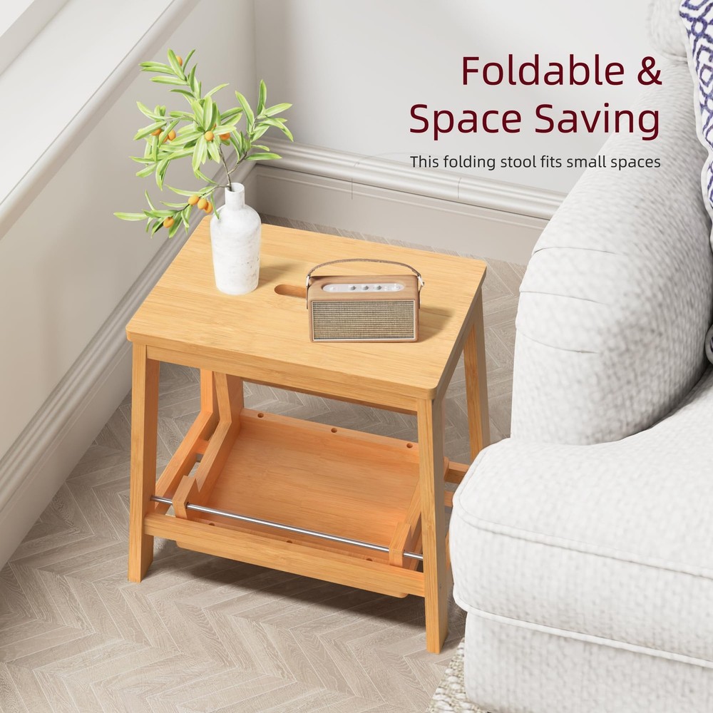 Bamboo Folding Step Stool with Sturdy Structure and Wide Stepping Surface for...