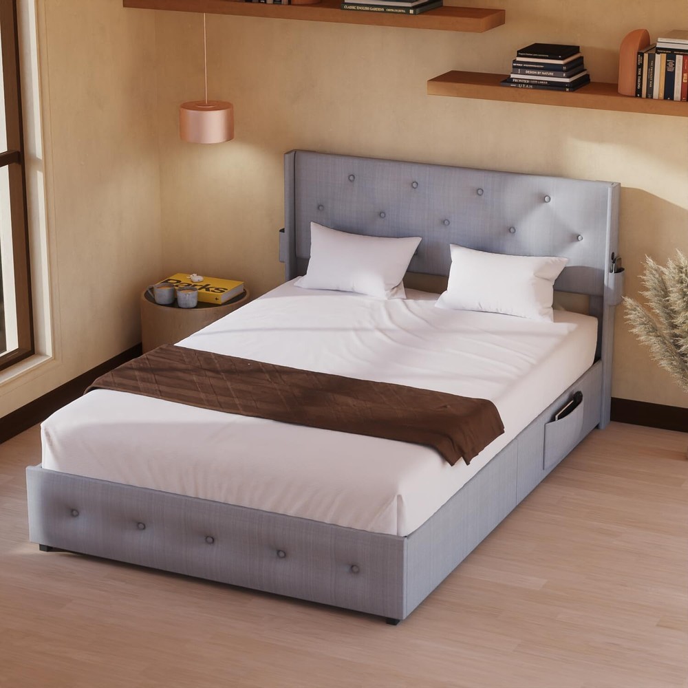Full Size Bed Frame Upholstered Platform Bed Frame with Headboard & USB Port US
