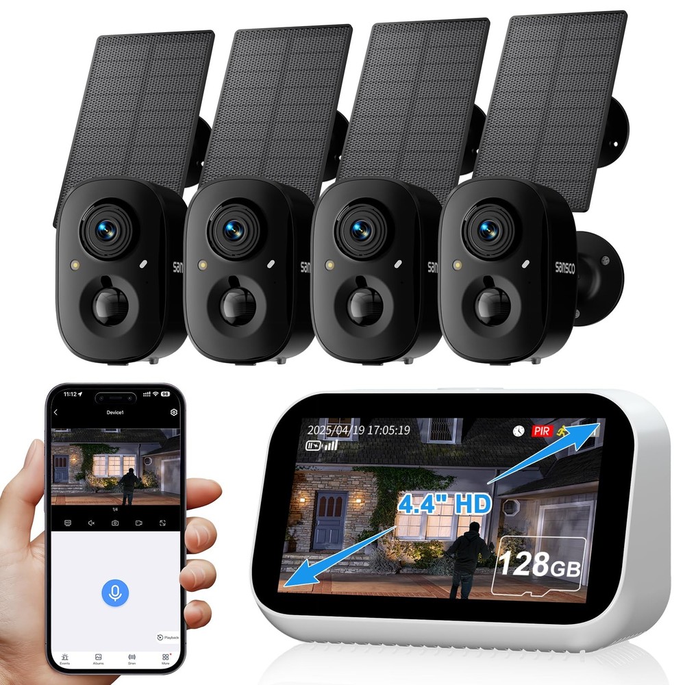 4CH 2K Wireless Security Cameras System with Touch Screen, 4X Solar-Powered 4...