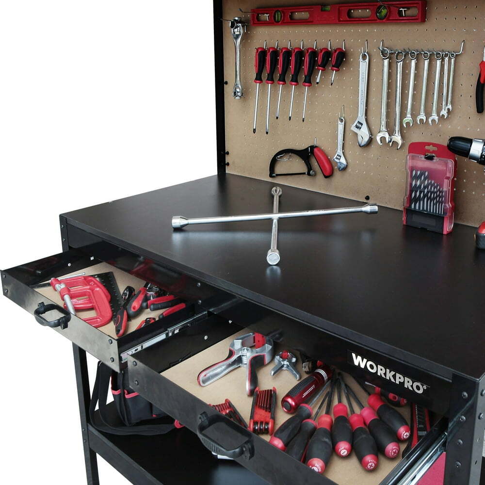 4' Garage Workbench Cabinet Combo with Light Tool Work Bench Steel Table Storage