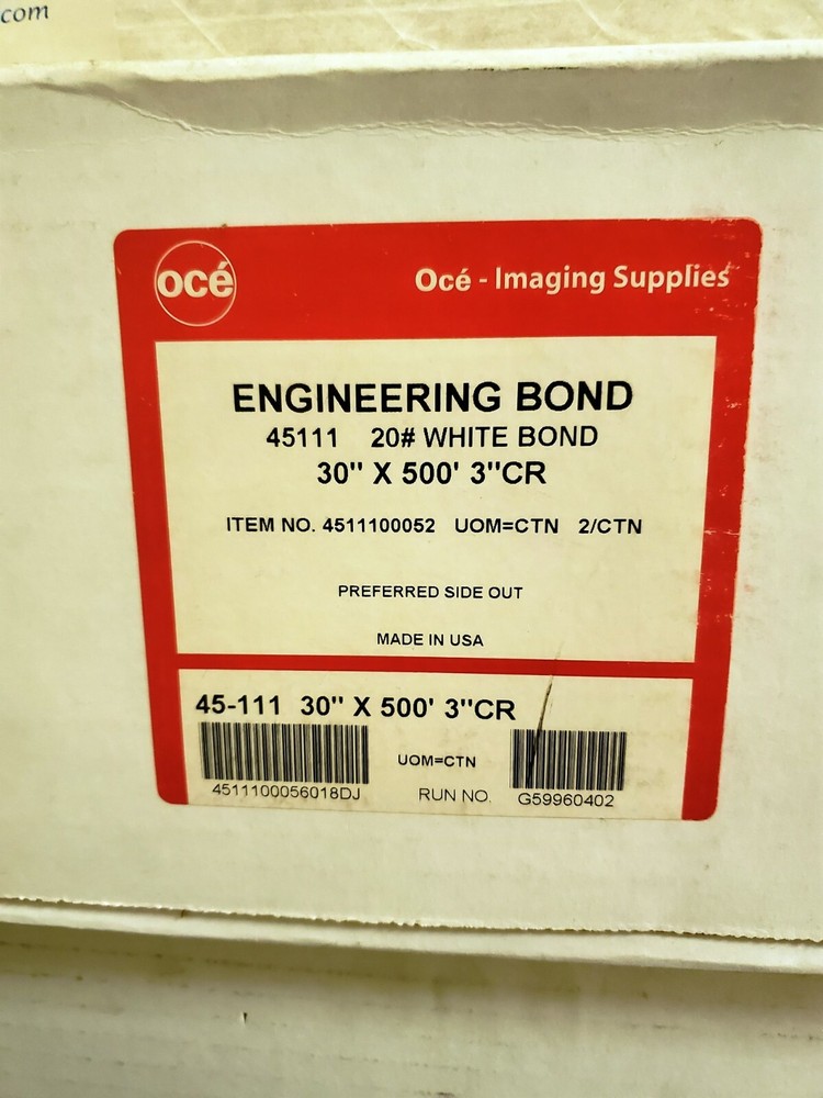Engineering Bond Plotter Paper, 30" x 500 ft., 20 lb., White, 3" Core; 2 RL/Ctn