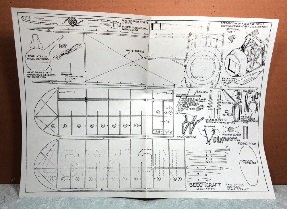 BEECHCRAFT MODEL B17L BALSA FREE FLIGHT MODEL AIRPLANE PLANS 18" WINGSPAN