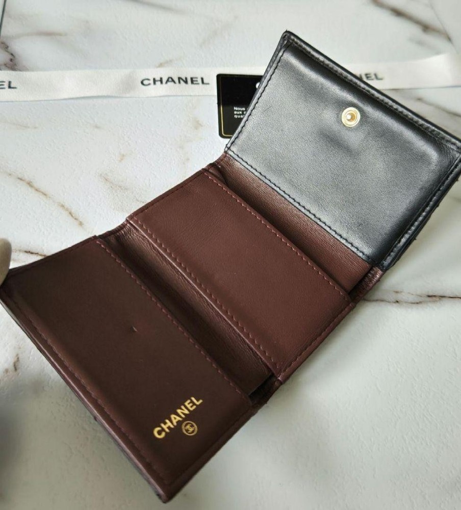 CHANEL Compact Matelassé Tri-Fold Wallet Black Gold