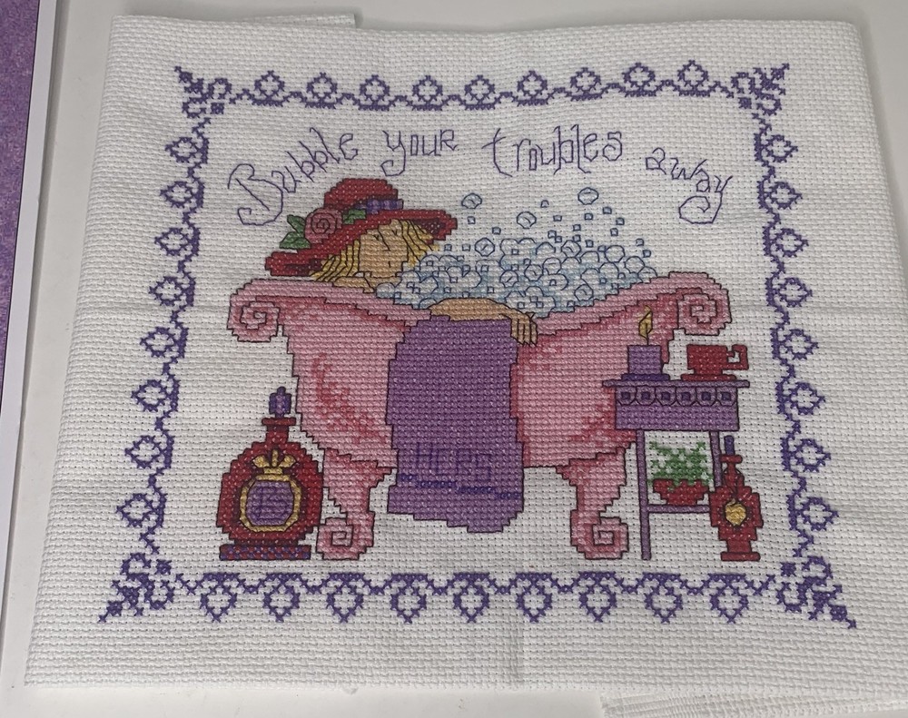 Completed Bubble Your Troubles Away Counted Cross Stitch + Pattern Imaginating