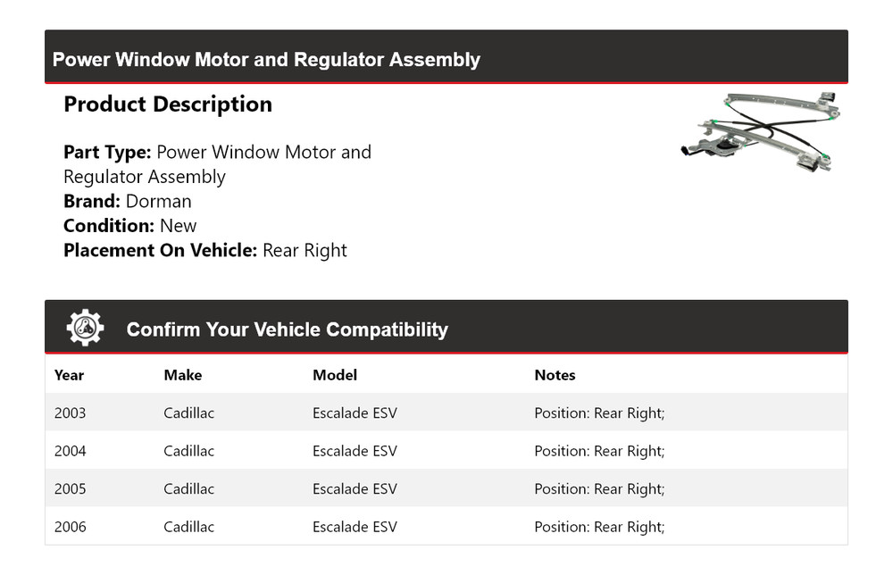 For 2003-2006 Cadillac Escalade ESV Dorman Power Window Motor/Regulator Assembly