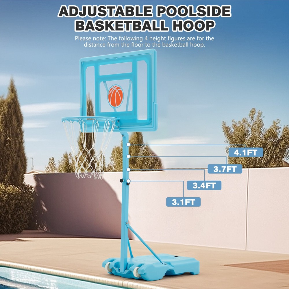 Adjustable Pool Basketball Hoop, Portable with Wheels, Includes Ball & Pump