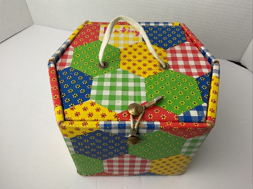 Patchwork Print Sewing Box with Tray Vintage 70s Hexagon Shape Storage